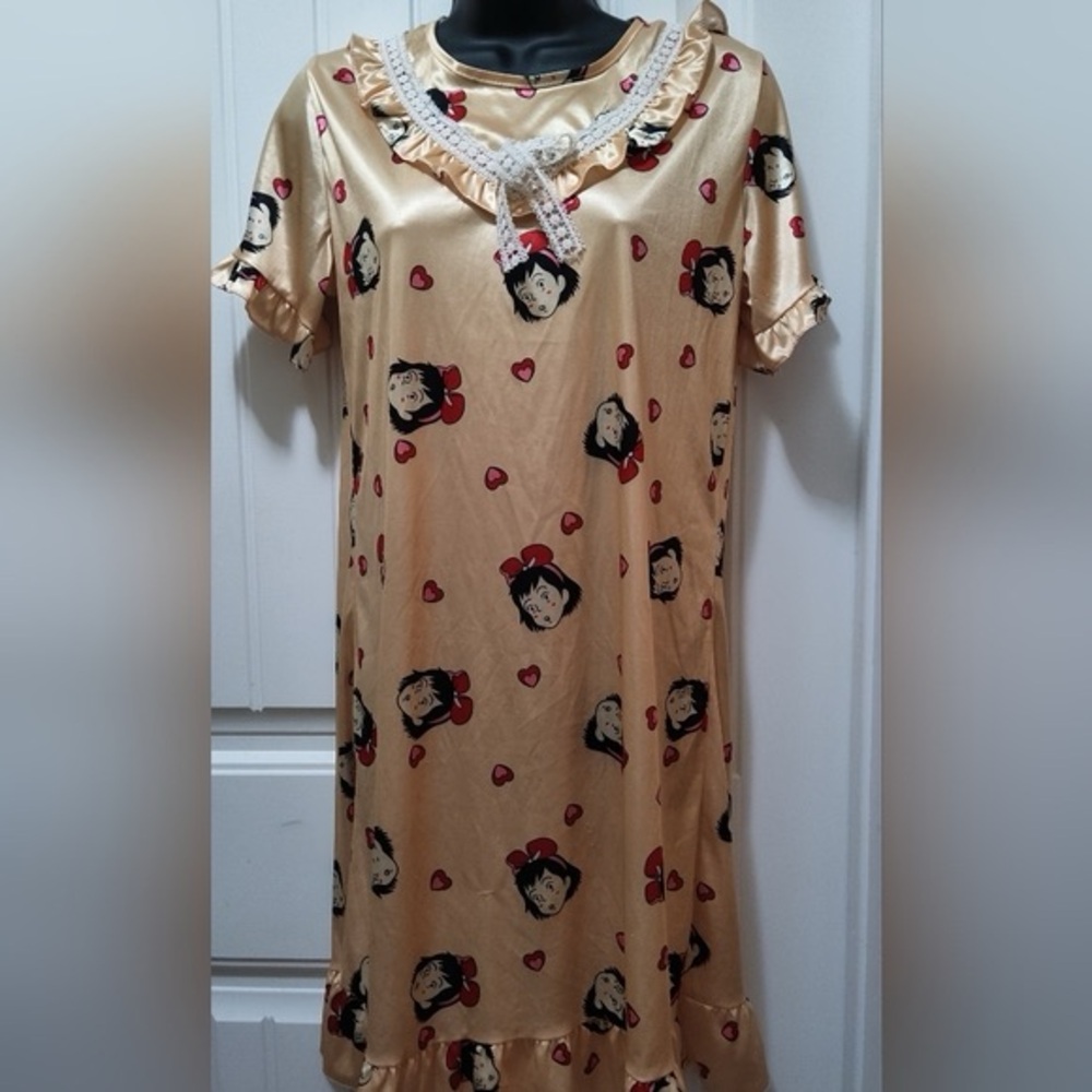 Vintage Kiki Print Satin Night Dress Gown Small